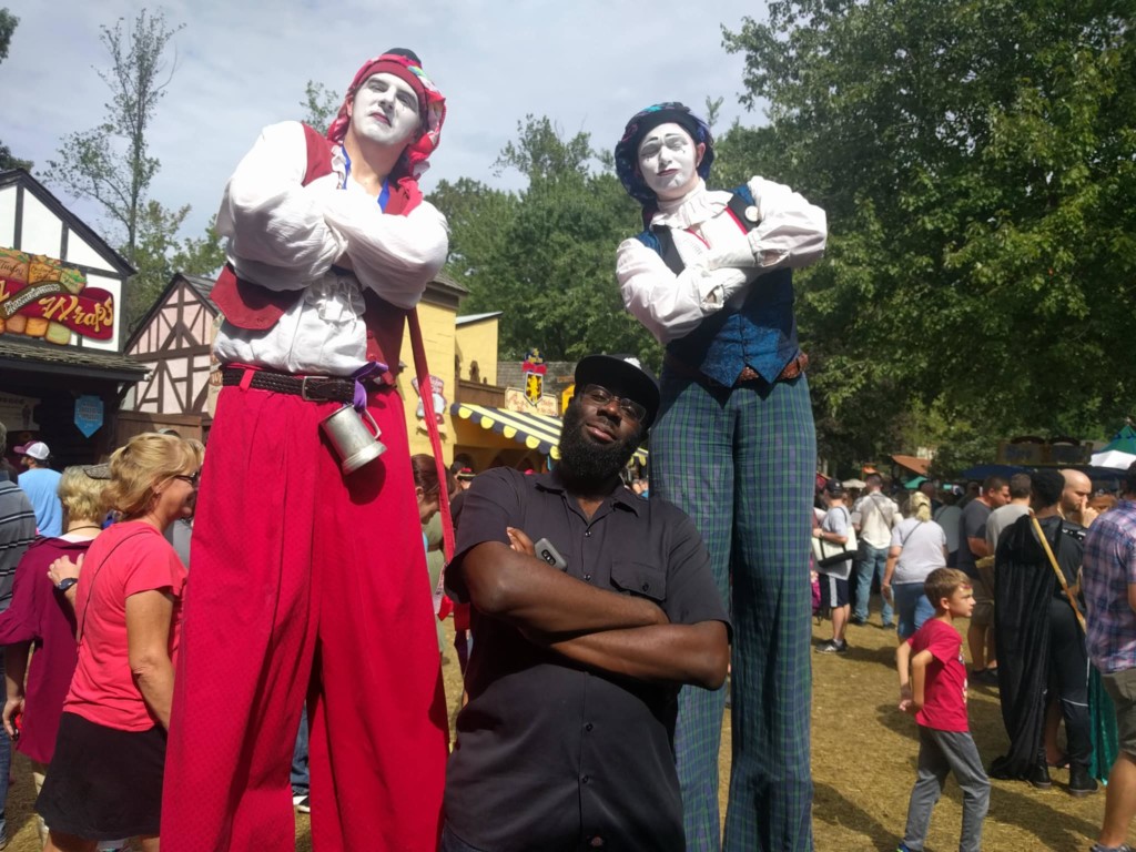 J Onwuka & 2 Clowns on Stilts at Ren Fest