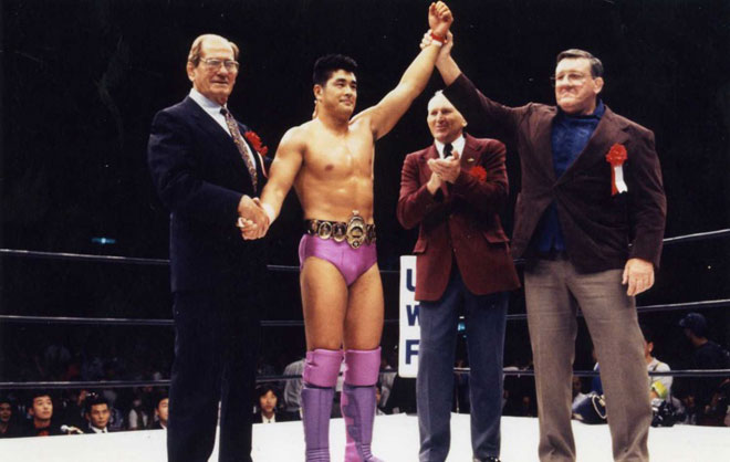 Lou Thesz, Billy Robinson (I think), and Lord Blears (pretty sure) congratulating Takada Nobuhiko on winning the UWFi title