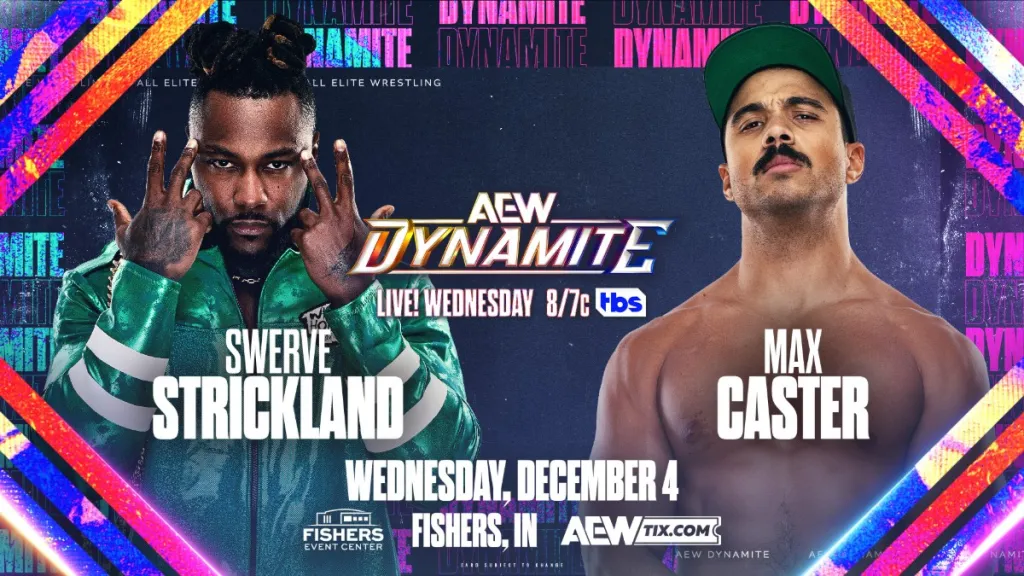 Match graphic for Swerve Strickland vs. Max Caster, AEW Dynamite 12/4/2024