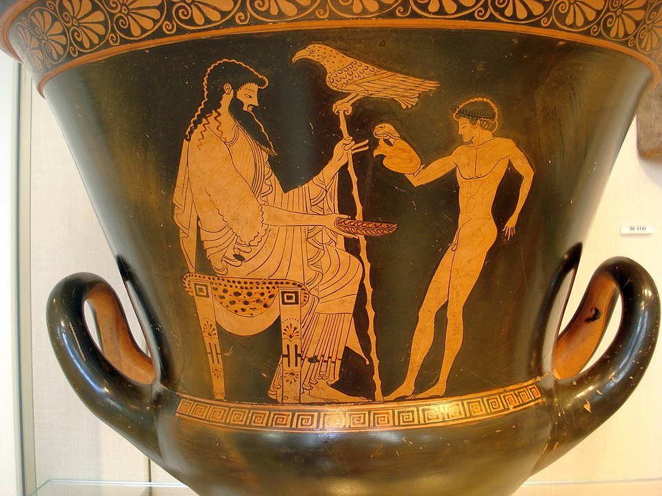 Ganymede pouring Zeus a libation (Attic red-figure calyx krater by the Eucharides Painter, c. 490–480 BCE)