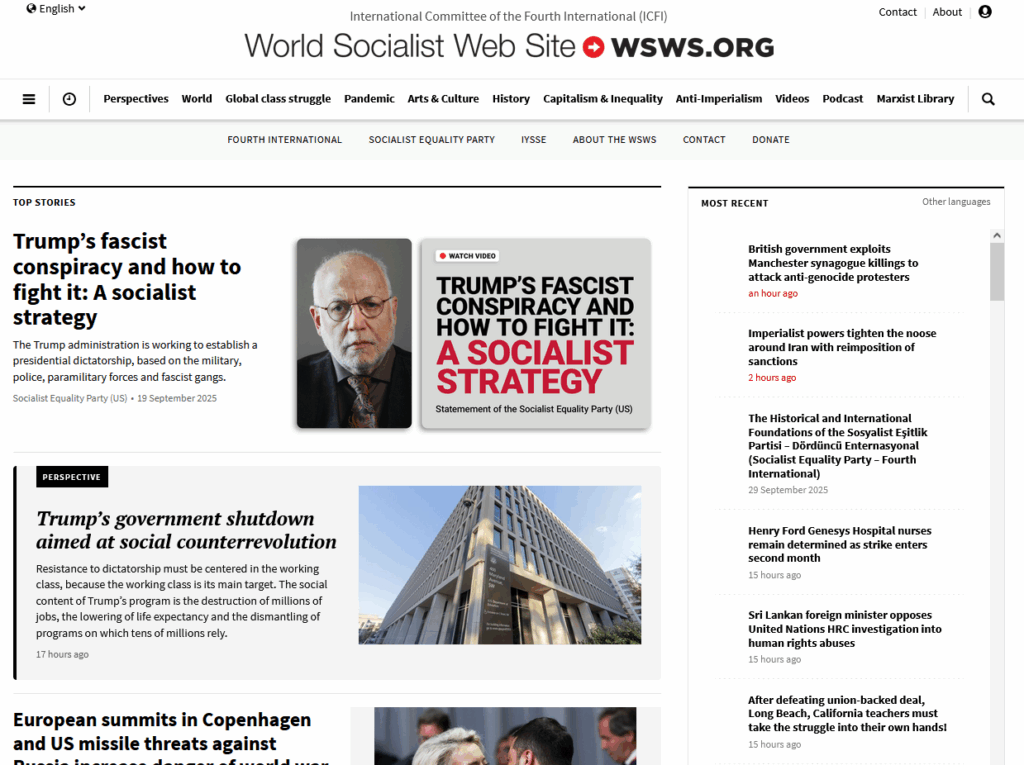 World Socialist Web Site front page. Articles include: Trump's fascist conspiracy and how to fight it: A socialist strategy; Trump's government shutdown aimed at social counterrevolution; British government exploits Manchester synagogue killings to attack anti-genocide protesters; and several others